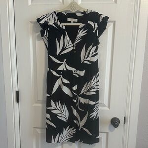 LOFT Black & White Leaf Print Midi Dress